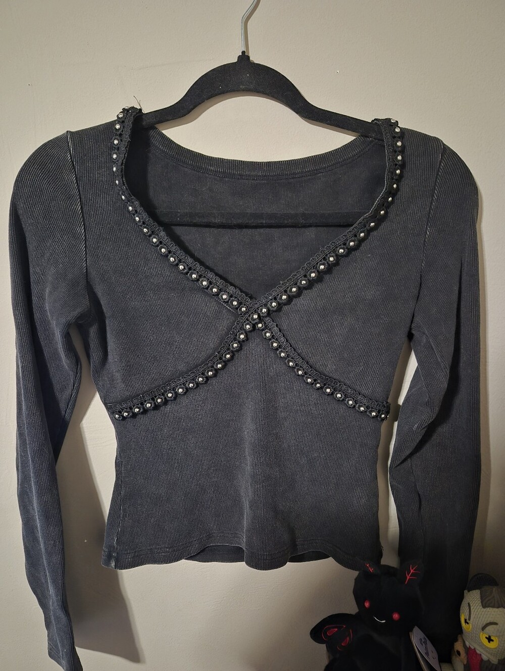 Studded Crochet Acid Washed Black Ribbed Long Sleeve Women's Small Goth Alt